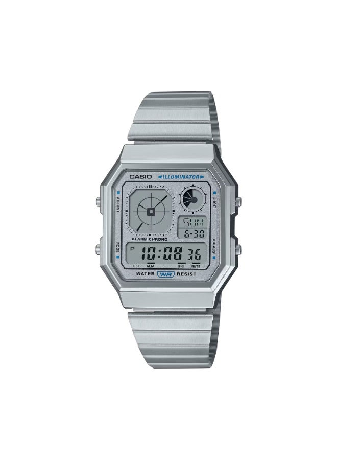 كاسيو ساعة كاسيو فينتج الرقمية A130WE-7ADF باللون الفضي، سوار ستانلس ستيل، توقيت عالمي، إضاءة LED، كرونومتر ومؤقت - Image 1